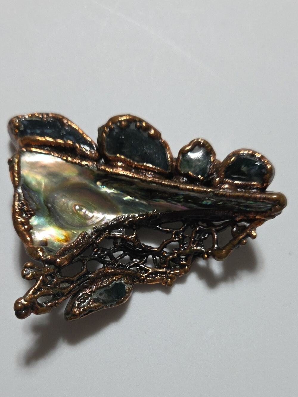 Vintage Large Chunky Abstract abalone Moss Agate Brooch Cooper? Unique statement
